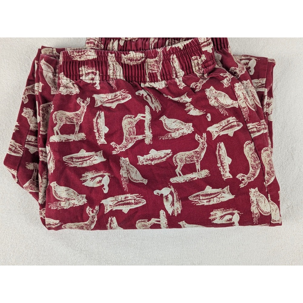 LL Bean Mens Pajama Pants Red Cotton Wildlife Print Deer Fish Lounge LG REG - Picture 6 of 12